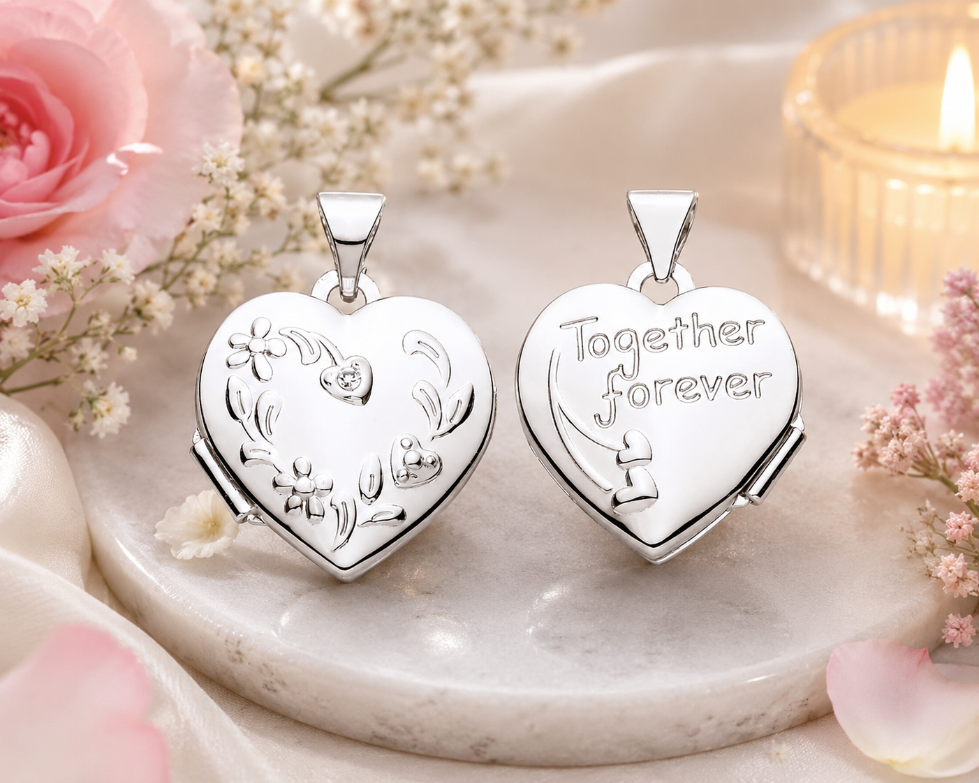 Together Forever Heart Locket Necklace Solid Sterling Silver 18" Chain