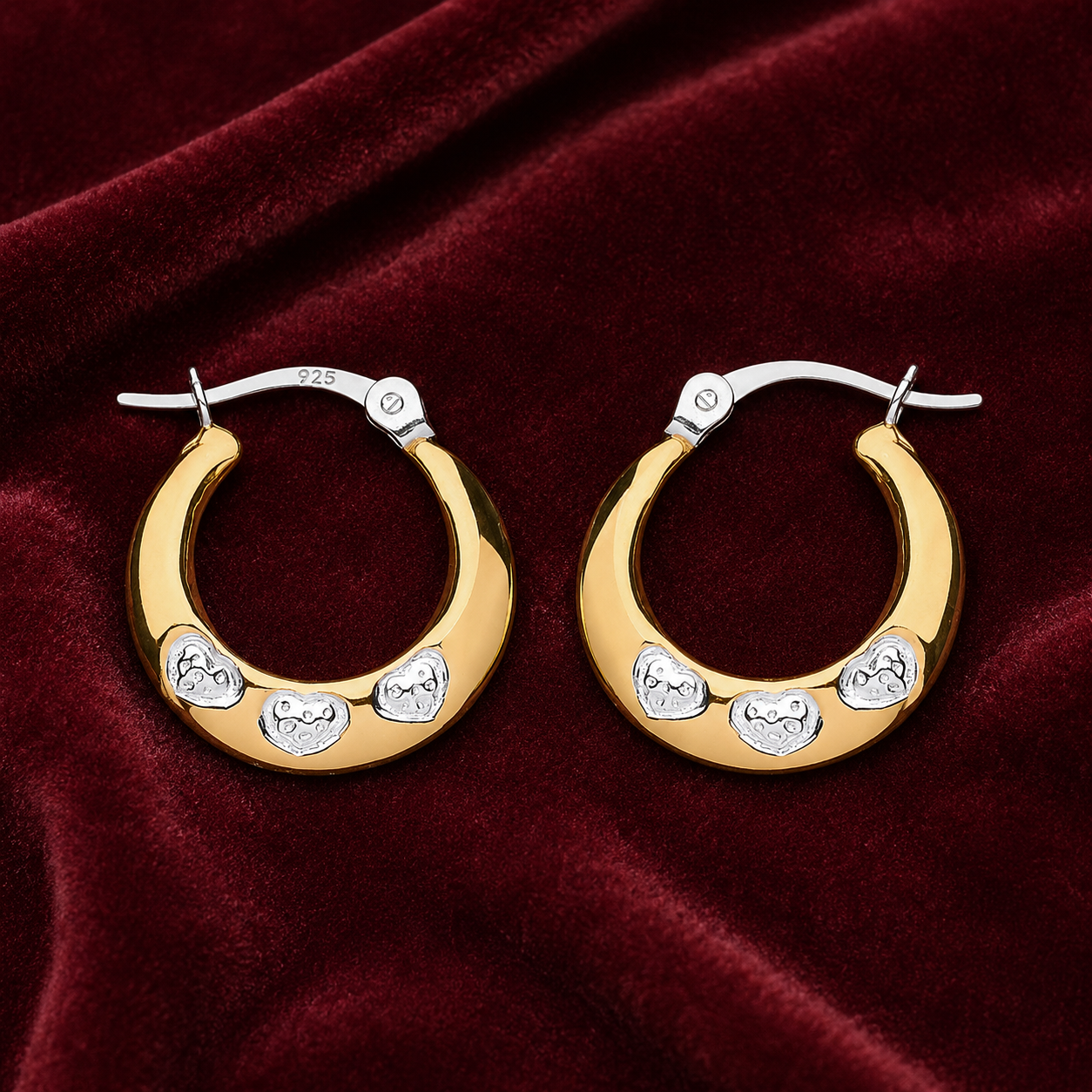 Two Tone Creole Hoop Earrings With Hearts 18ct Gold on Sterling Silver 925