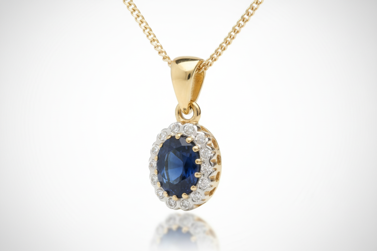 9ct Yellow Gold Sapphire and Diamond Oval Pendant and Chain