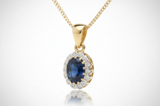 9ct Yellow Gold Sapphire and Diamond Oval Pendant and Chain