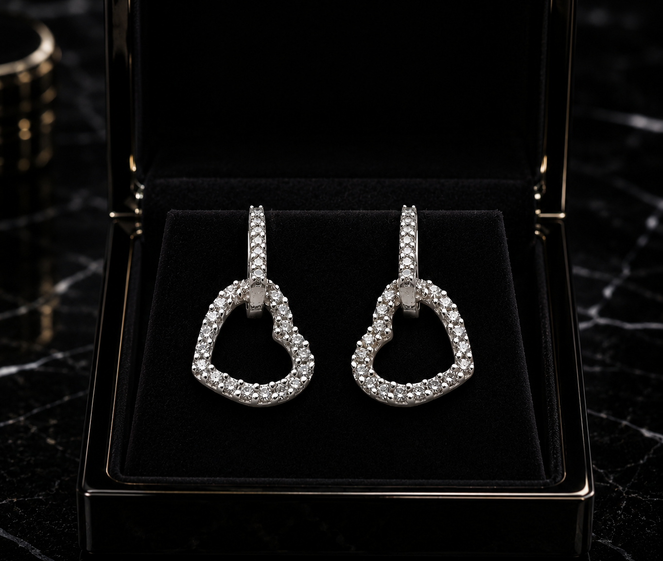 9ct White Gold Heart Drop Hoop Earrings Natural Diamond Dangle Gift for Women