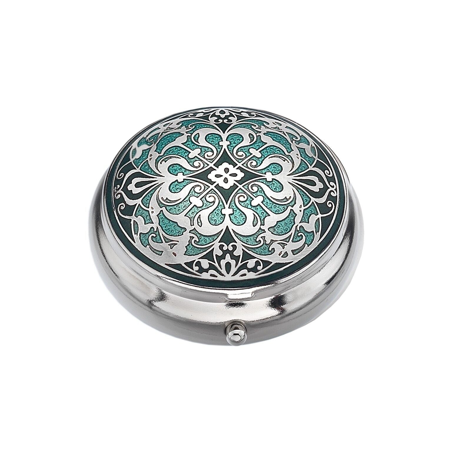 Pillbox Silver Plated Arabesque Design Green Brand New and Boxed
