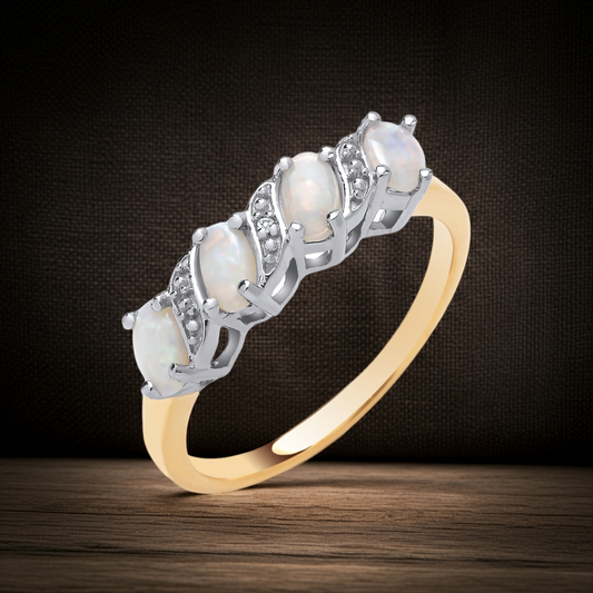 Natural Opal and Diamond Eternity Ring 18ct Gold on Sterling Silver 925 Size J-V