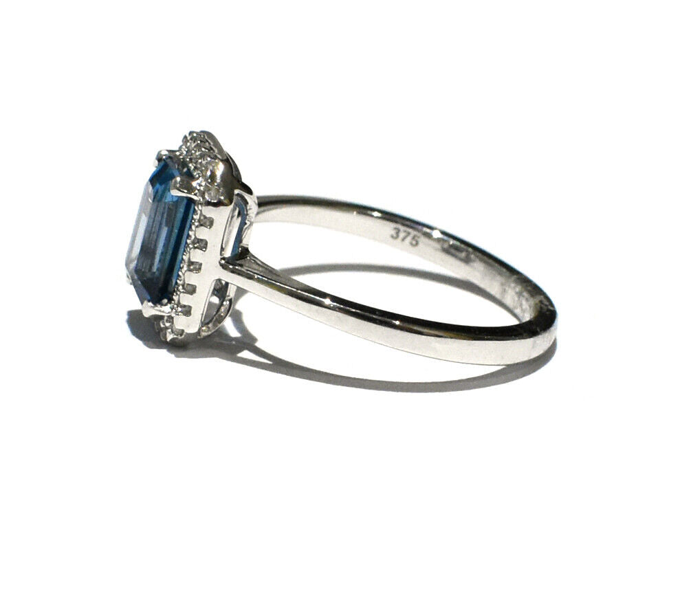 9ct White Gold London Blue Topaz and Diamond Ring Emerald Cut Cluster Size J - Q