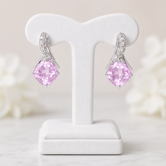 Pink Sapphire and Diamond Earrings Solid White Gold Cushion Drops Hallmarked