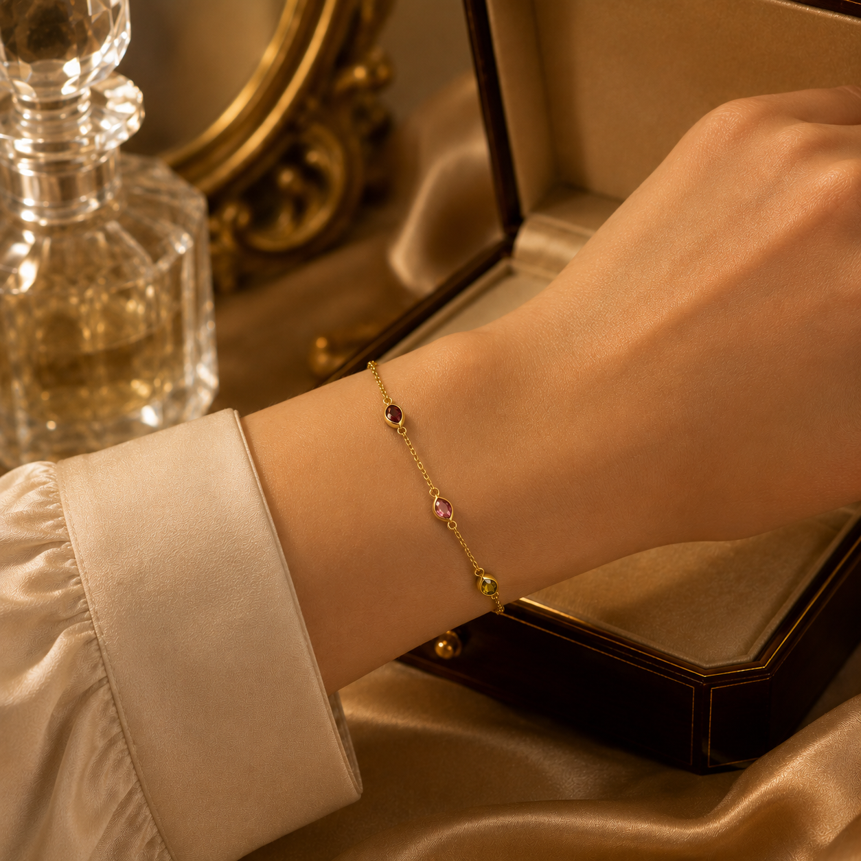 Multicolour Pear Gemstones Station Bracelet Yellow Gold 375 Hallmark 17.5-19cm