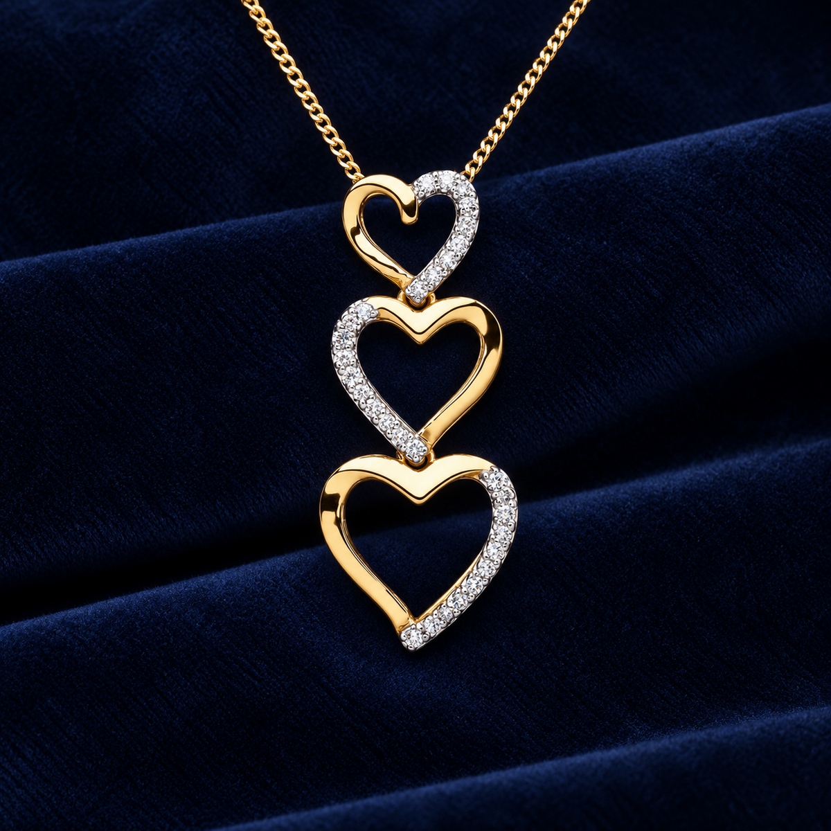 Diamond Three Heart Pendant 9ct Yellow Gold 18" Chain 0.15ctw Real Diamonds
