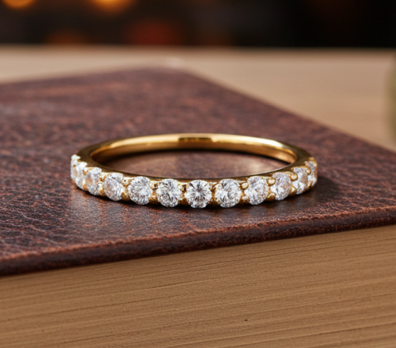 18ct Gold Half Eternity Ring on Solid Sterling Silver 925 Hallmark