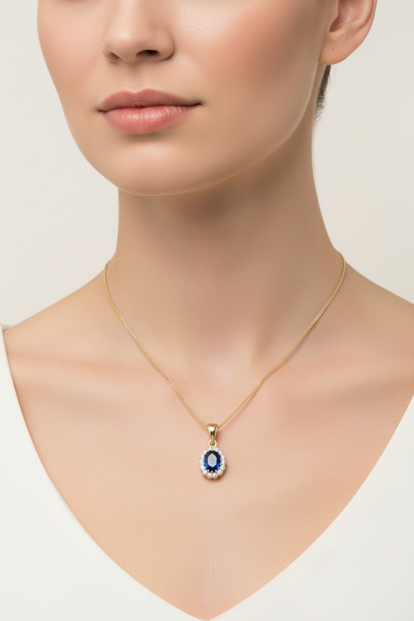 9ct Yellow Gold Sapphire and Diamond Oval Pendant and Chain