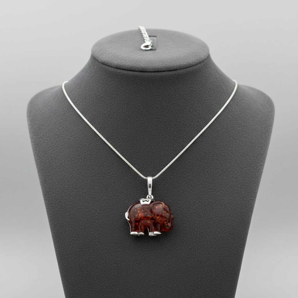 Natural Amber Elephant Pendant Solid Sterling Silver 925 Hallmark 18" Chain