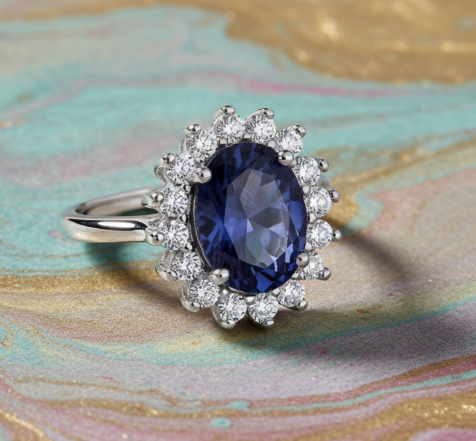 Sterling Silver Sapphire Ring Large Cluster Engagement 925 Hallmark Size K-S