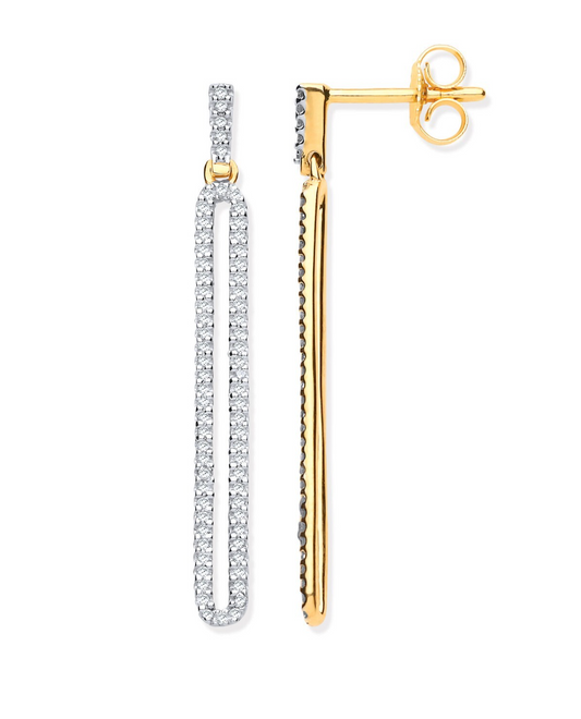 9ct Yellow Gold Long Loop Drop 0.25ct Diamond Earrings 33.5mm Length Hallmarked