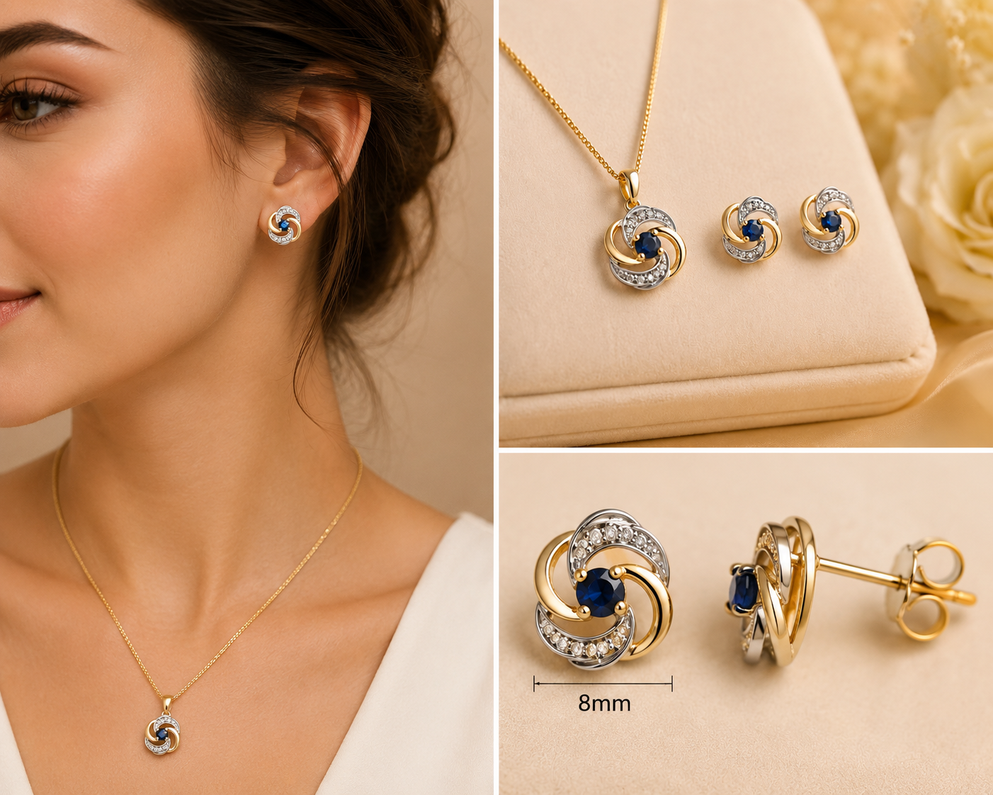 Elegant Sapphire Pendant Necklace and Stud Earrings Set in Two-Tone Solid Gold