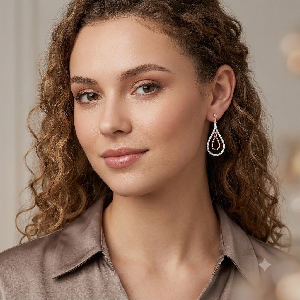 Yellow Gold Diamond Open Teardrop Earrings Double Frame Drop Dangle 27mm