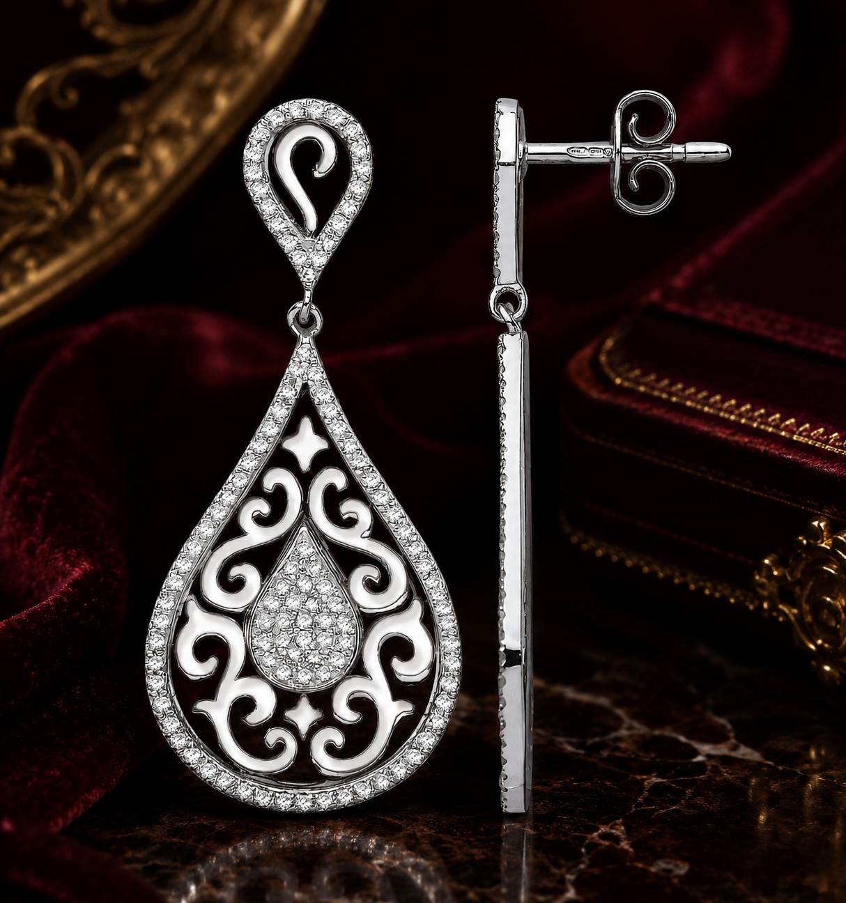 White Gold Diamond Open Filigree Teardrop Dangle Drop Stud Earrings
