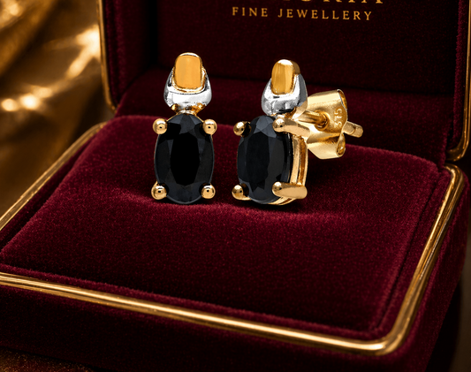 Oval Natural Sapphire Stud Earrings 9ct Yellow Gold Hallmarked