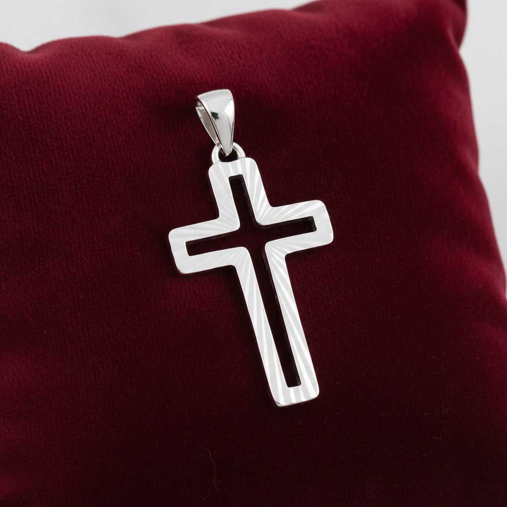 Sterling Silver Cross Pendant Diamond Cut Out 925 Hallmark 30mm Rhodium Finish