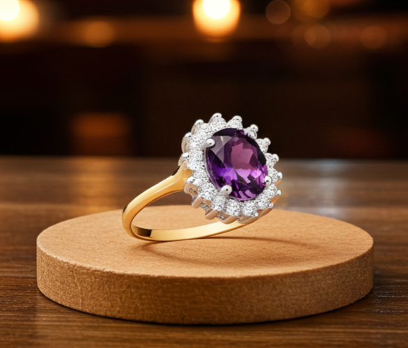 18ct Gold Amethyst Cluster Ring on Solid Sterling Silver 925 Hallmark Sizes J-V
