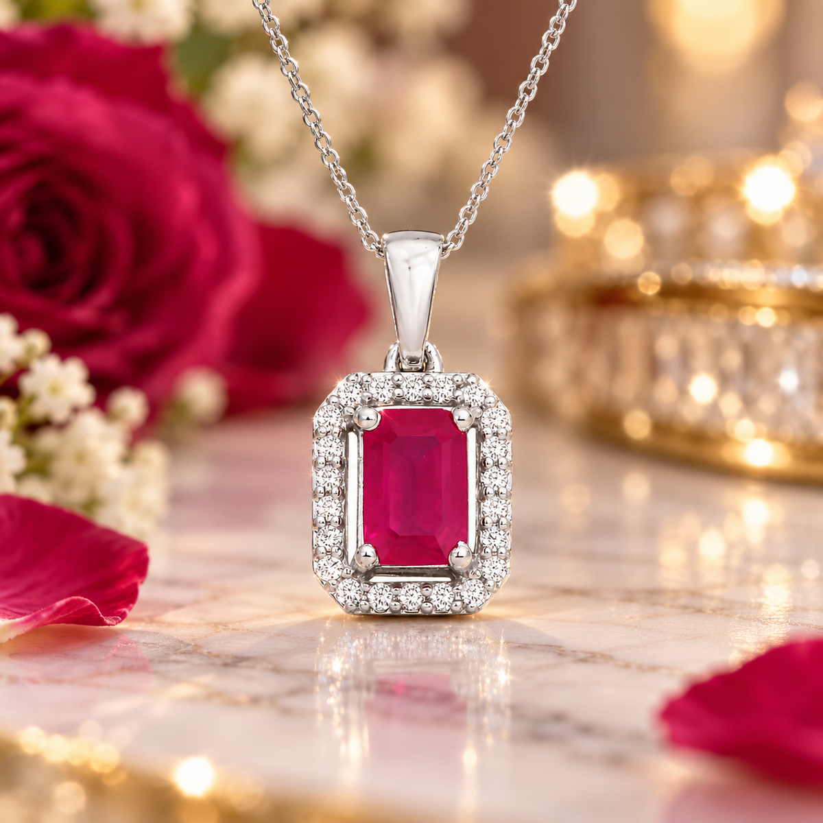 Natural Ruby Rectangular Pendant with Sparkling Diamond Halo 18ct White Gold 18"