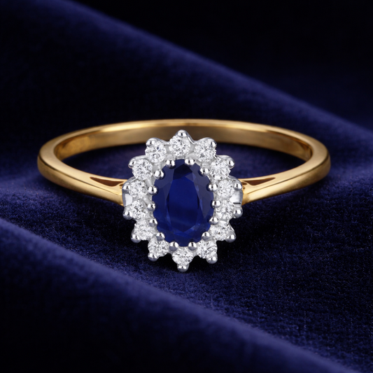 Sapphire and Diamond Ring 9ct Yellow Gold Oval Cluster Size J K L M N O P Q