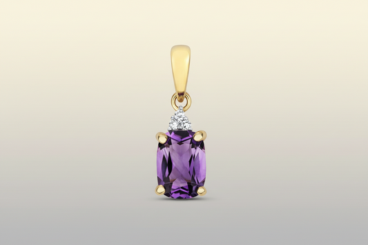 Amethyst and Diamond Cushion Pendant 9ct Yellow Gold Necklace Hallmarked