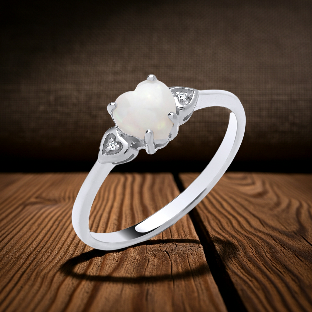Natural Opal Heart and Diamond Ring Solid Solid Sterling Silver Size J - V