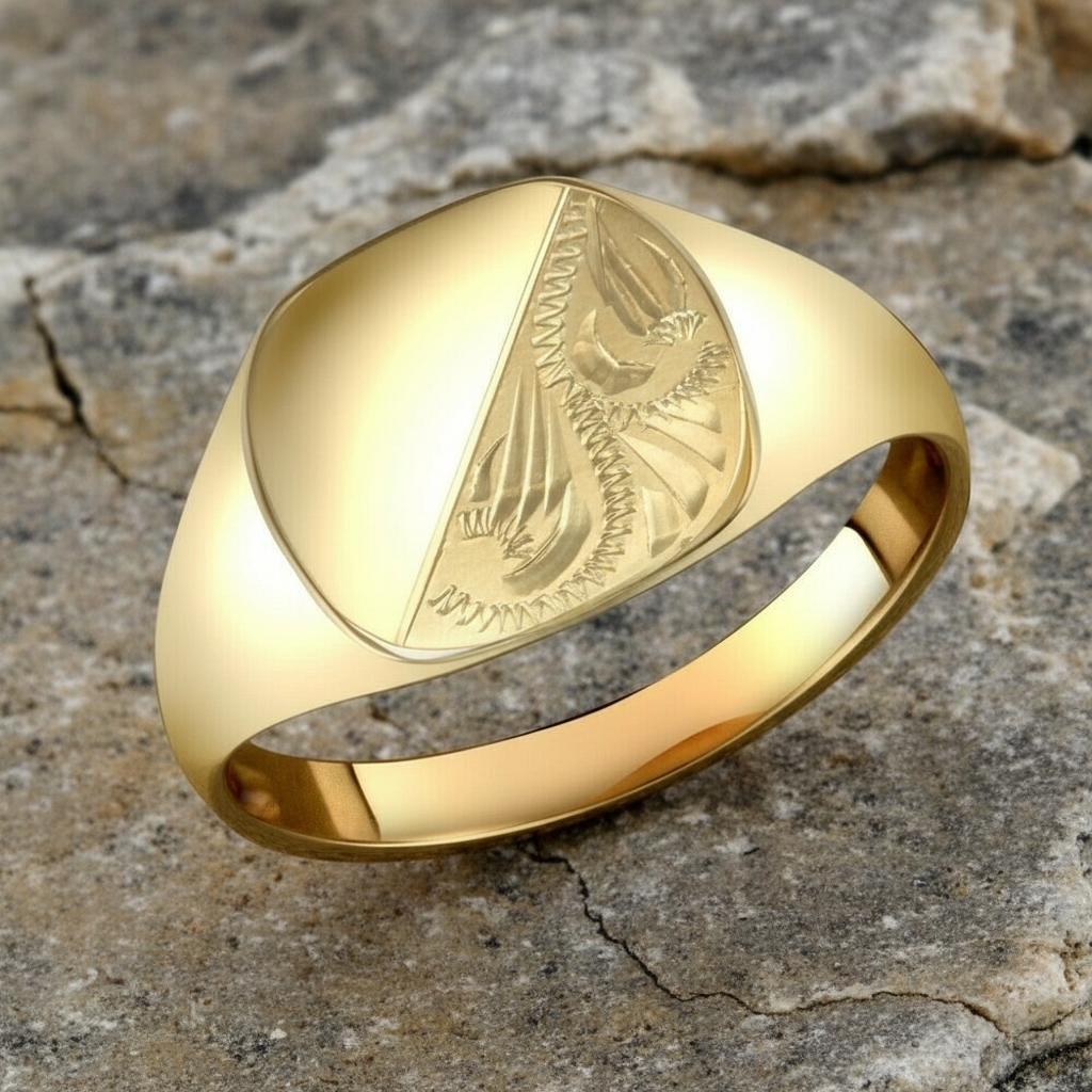 9ct Yellow Gold Gents Cushion Signet Ring Half Engraved Fully Hallmarked