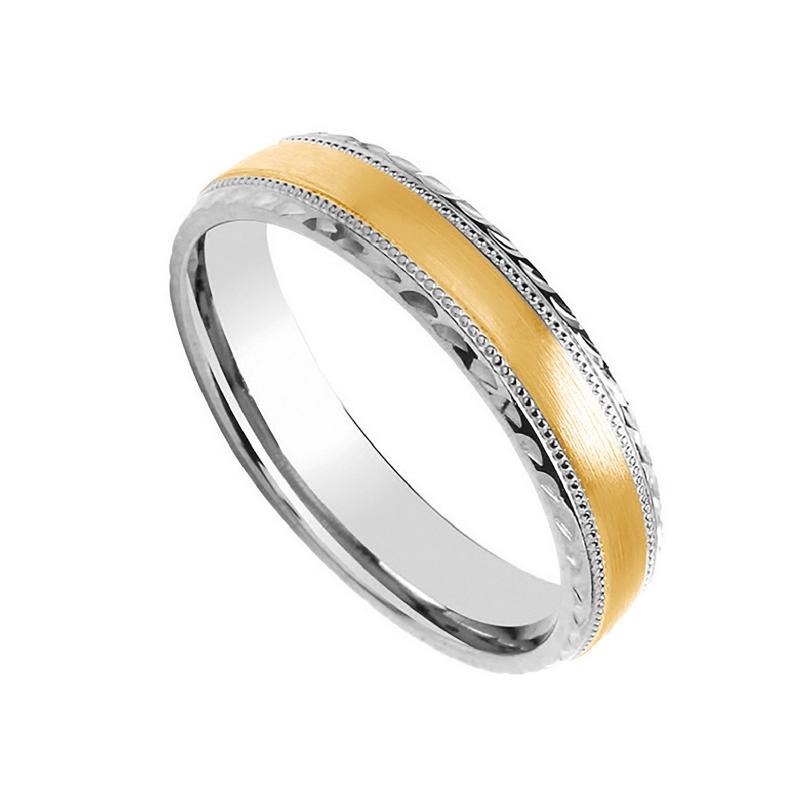5mm D-Shape Wedding Ring Millgrain D/C Edge 9k White & Yellow Gold Made to Order