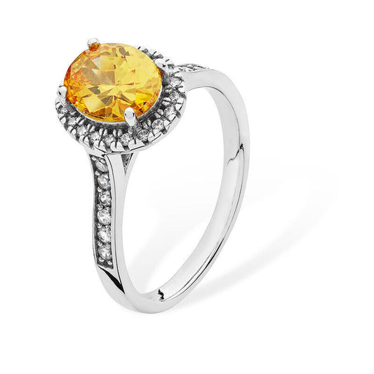 Citrine Cluster Halo Ring 925 Hallmark Rhodium Finish Size J - R British Made