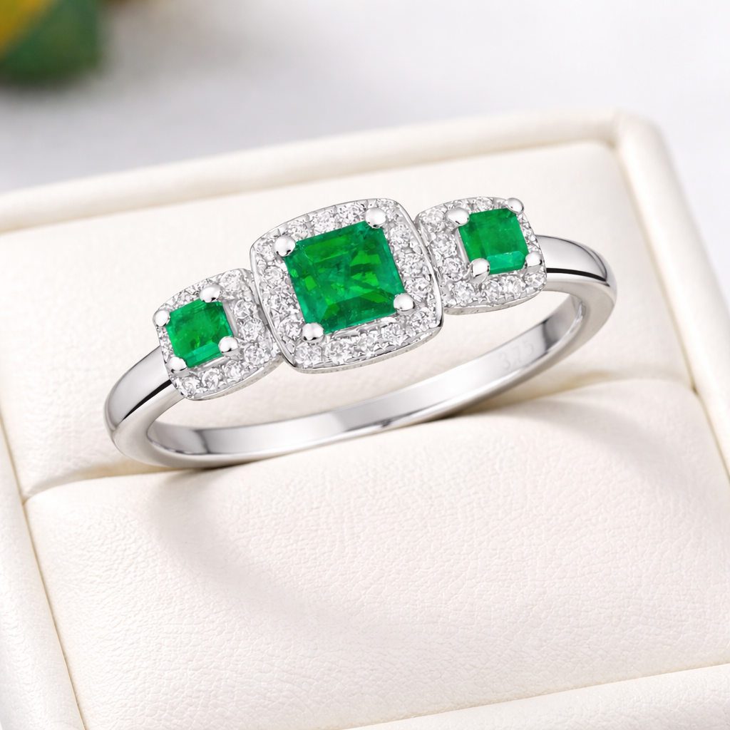 Emerald and Diamond Ring 9ct White Gold Hallmarked Three Stone Engagement