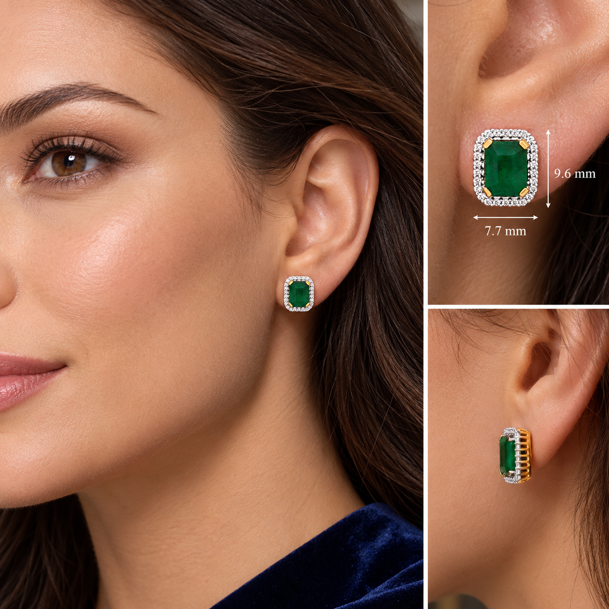 Emerald and Diamond Earrings 18ct Yellow Gold Rectangular Studs Mined Stones