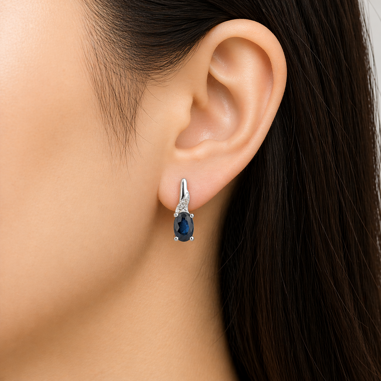 Natural Sapphire and Diamond Stud Earrings Solid 9ct White Gold Oval  Hallmarked