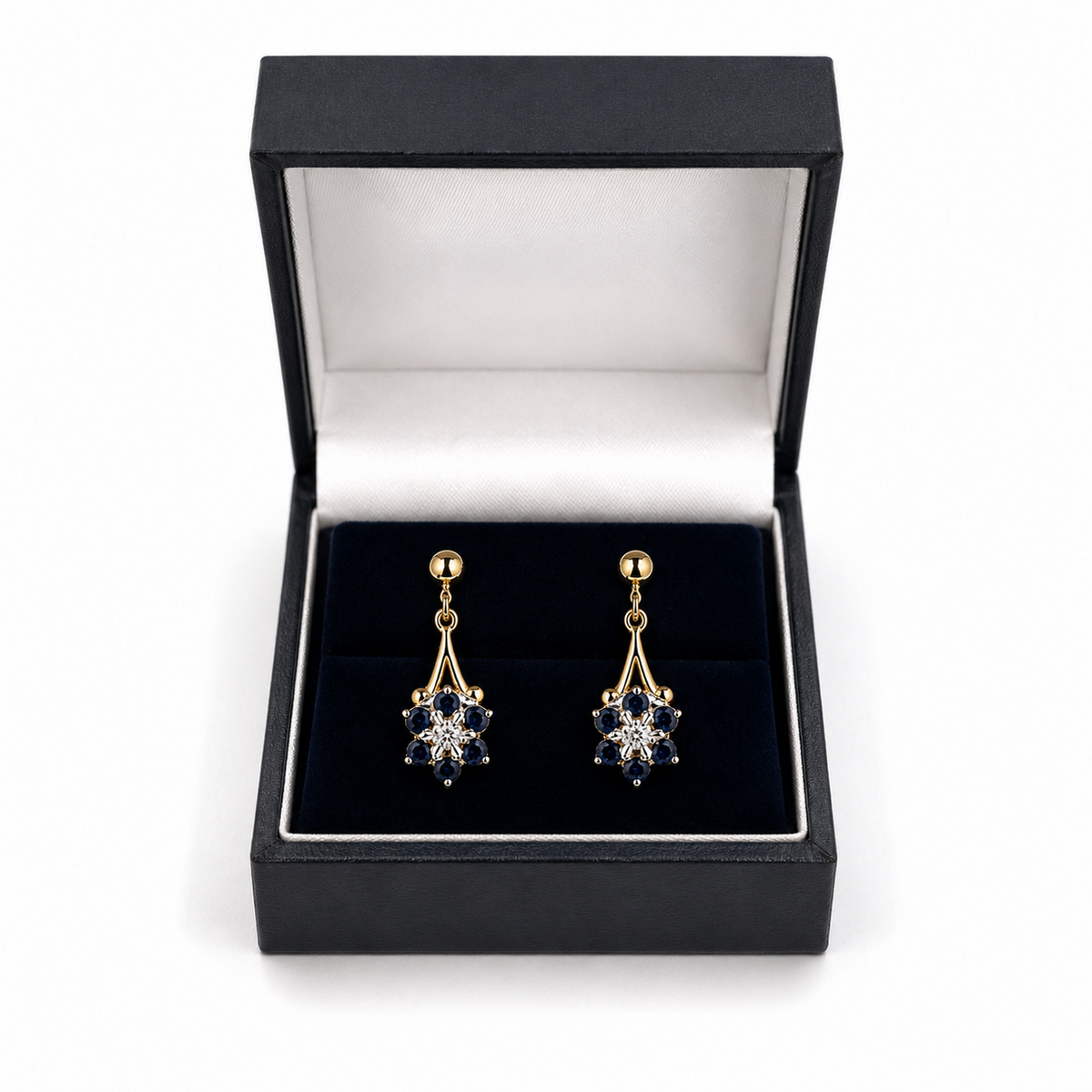 9ct Gold Sapphire & Diamond Cluster Drop Dangle Earrings Vintage Floral Stud