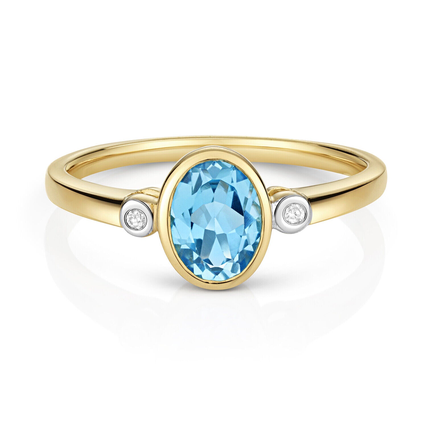 Blue Topaz and Diamond Ring 9ct Yellow Gold Oval Solitaire Real Stones Size J-Q