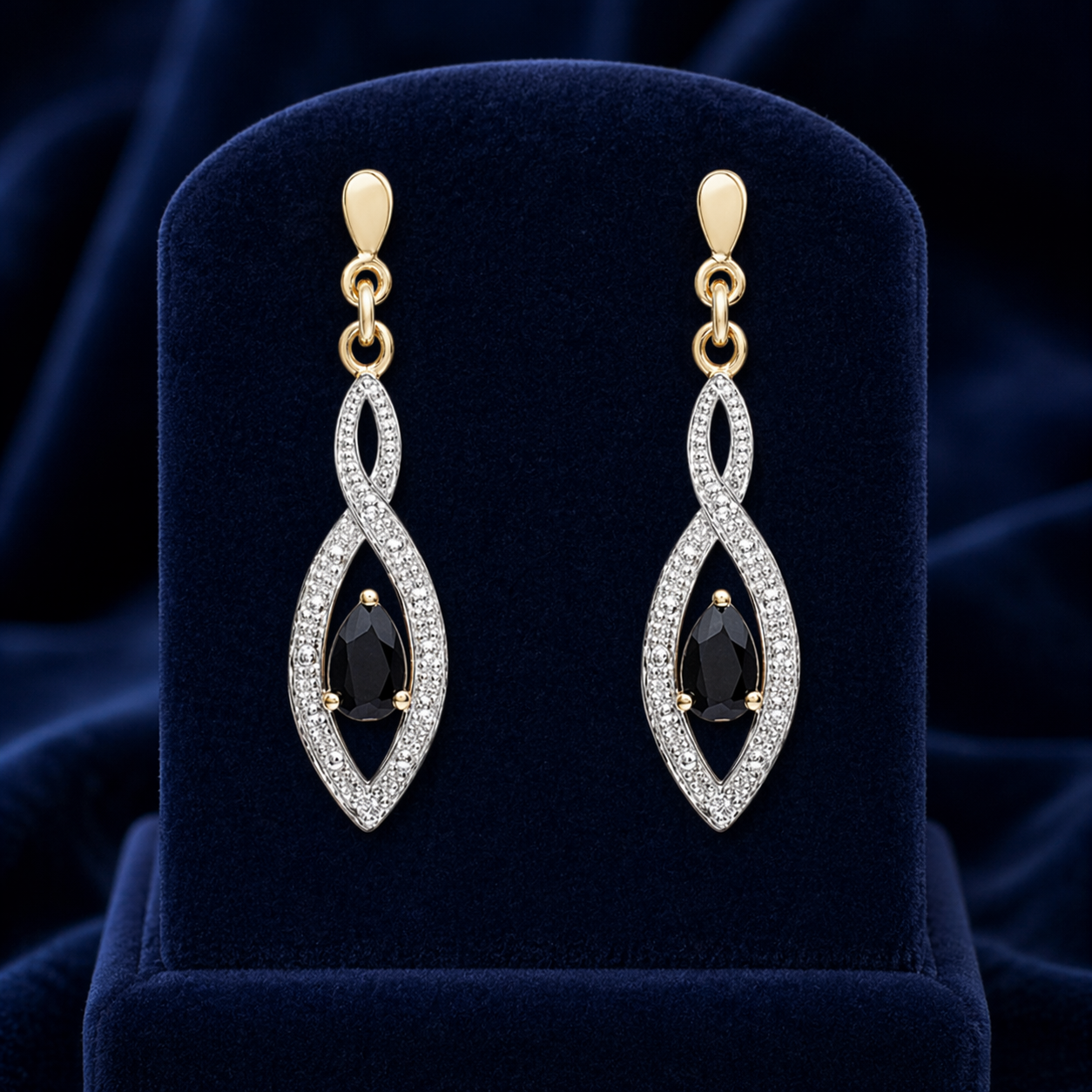Natural Sapphire and Diamond Earrings Solid 9ct Yellow Gold Drops Hallmarked