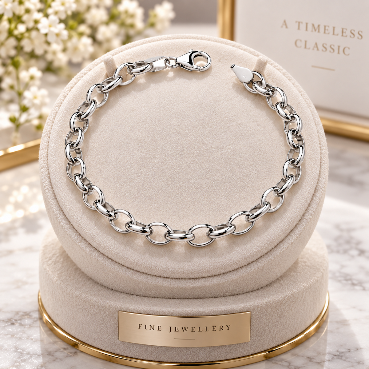 Ladies Sterling Silver Oval Belcher Chain Link Bracelet with Lobster Clasp 925