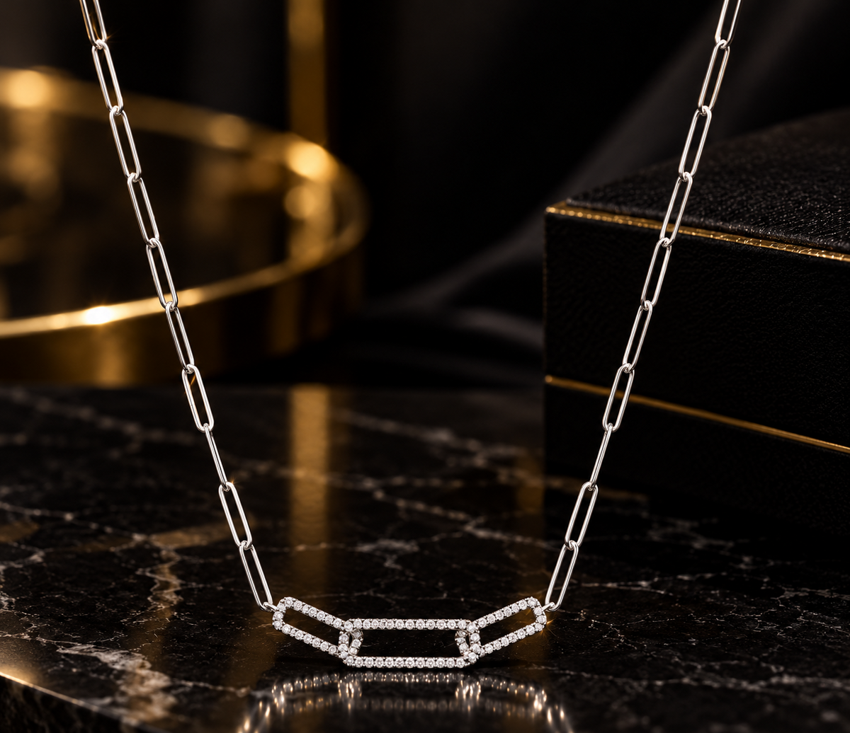Elegant White Gold Paperclip Chain Necklace Pavé Diamond Link Pendant 17"