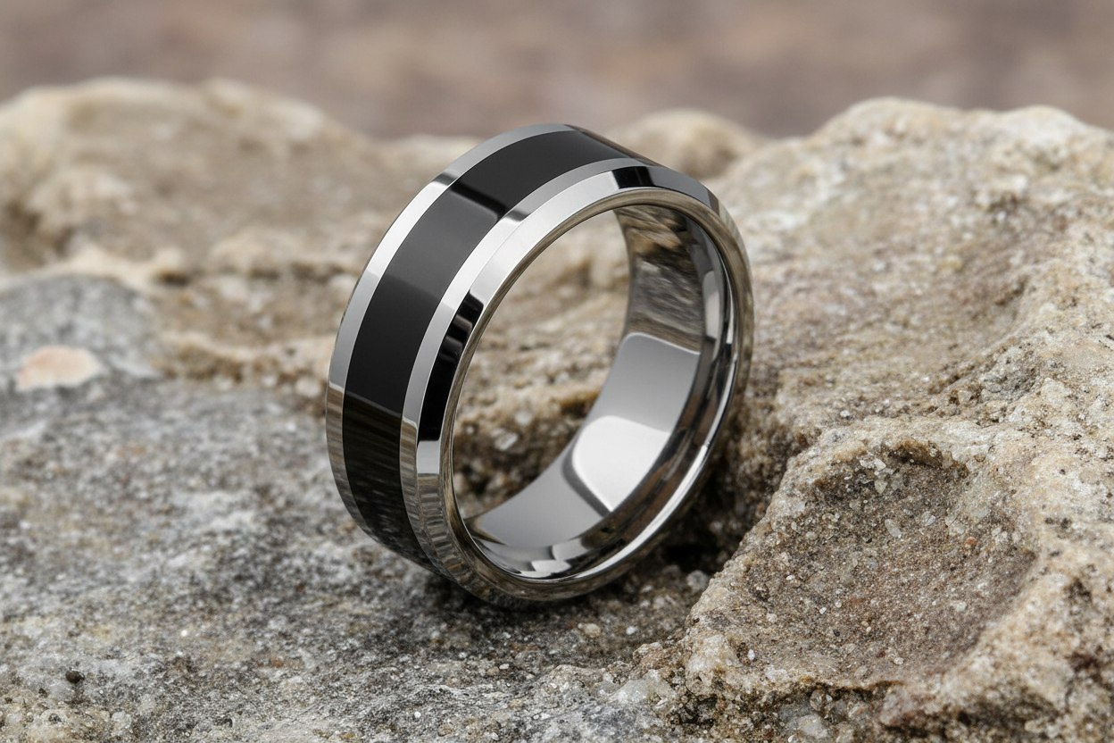 Fred Bennett Tungsten Ring with Black Enamel Stripe 8mm Wide Band R3860