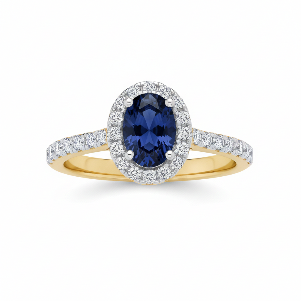 18ct Yellow Gold Sapphire Ring Halo on Sterling Silver 925 Hallmark Size K-S