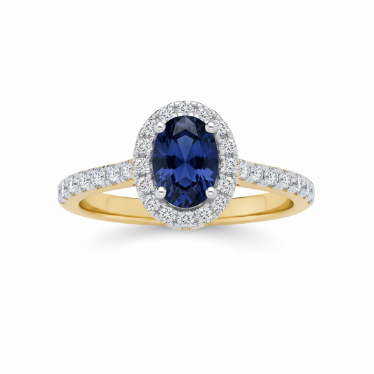 18ct Yellow Gold Sapphire Ring Halo on Sterling Silver 925 Hallmark Size K-S