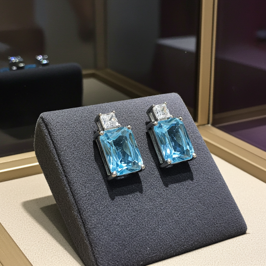 Blue Topaz Stud Earrings Solid Sterling Silver 925 Hallmark Rhodium Finish