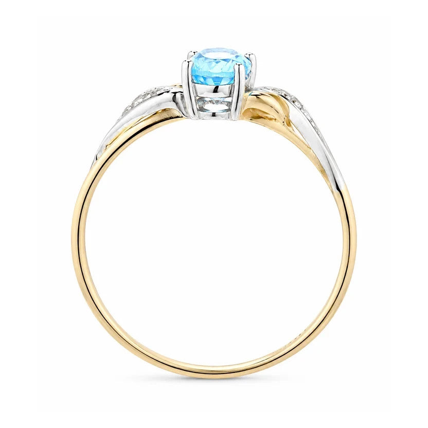 Blue Topaz & Diamond Oval Gemstone Ring Two Tone Yellow & White Gold