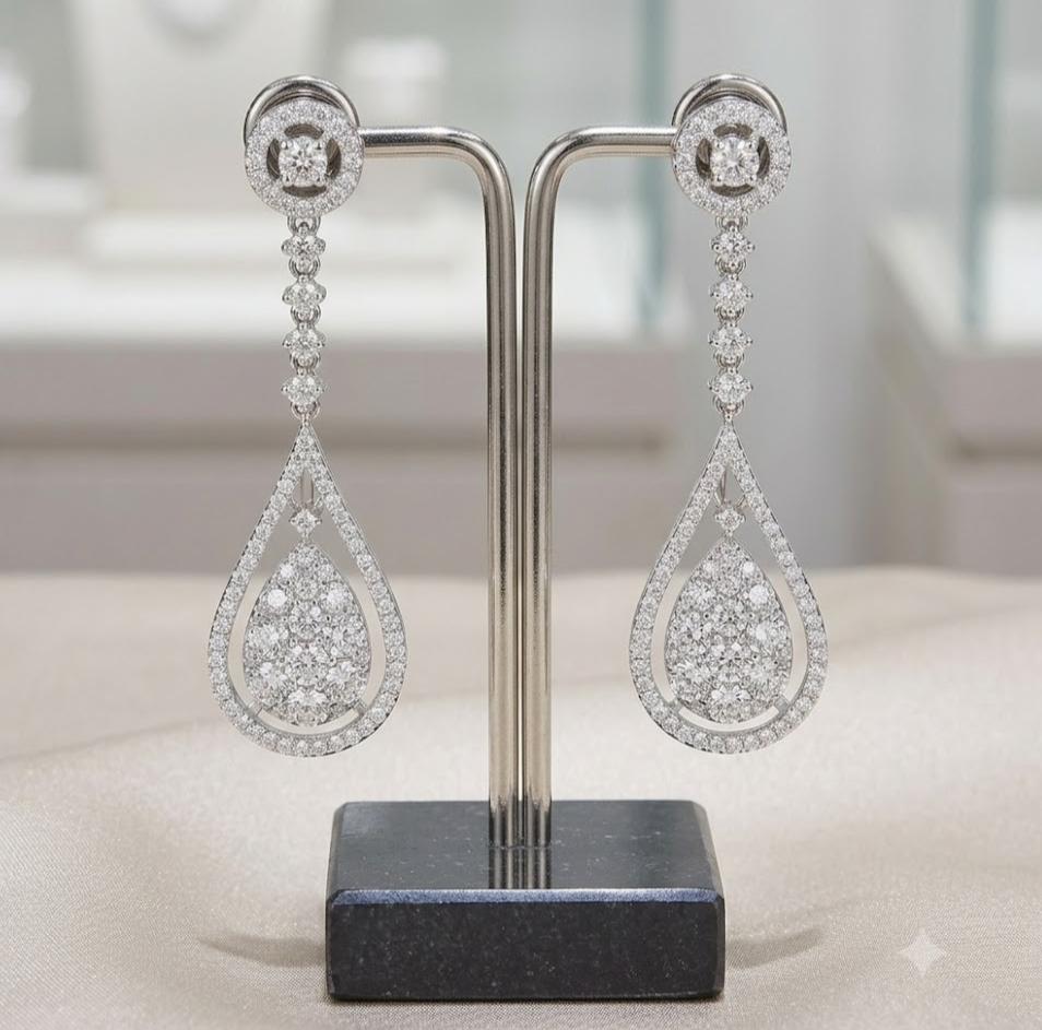 18ct White Gold 3.30ct Pear Shape Diamond Drop Earrings Hallmarked British Made