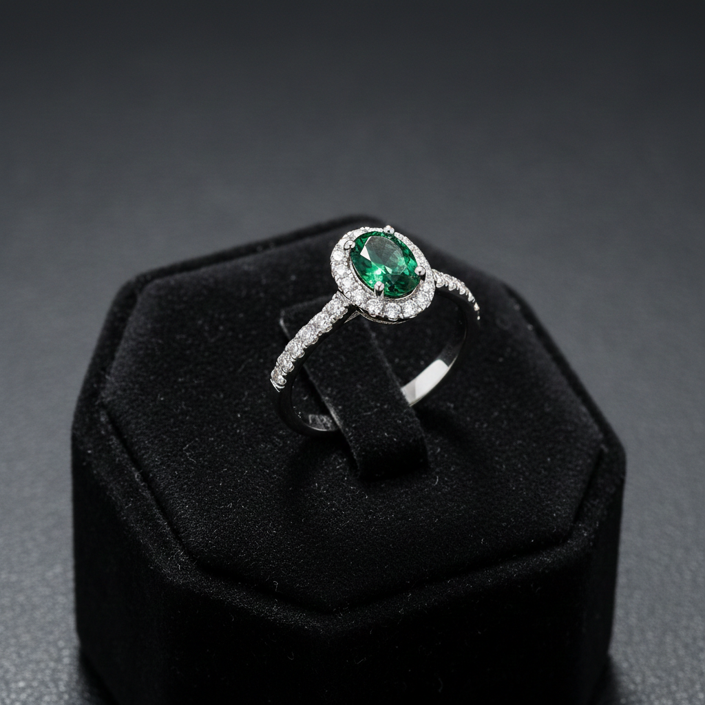 Sterling Silver Emerald Ring Oval Halo Engagement 925 Hallmark Size K-S