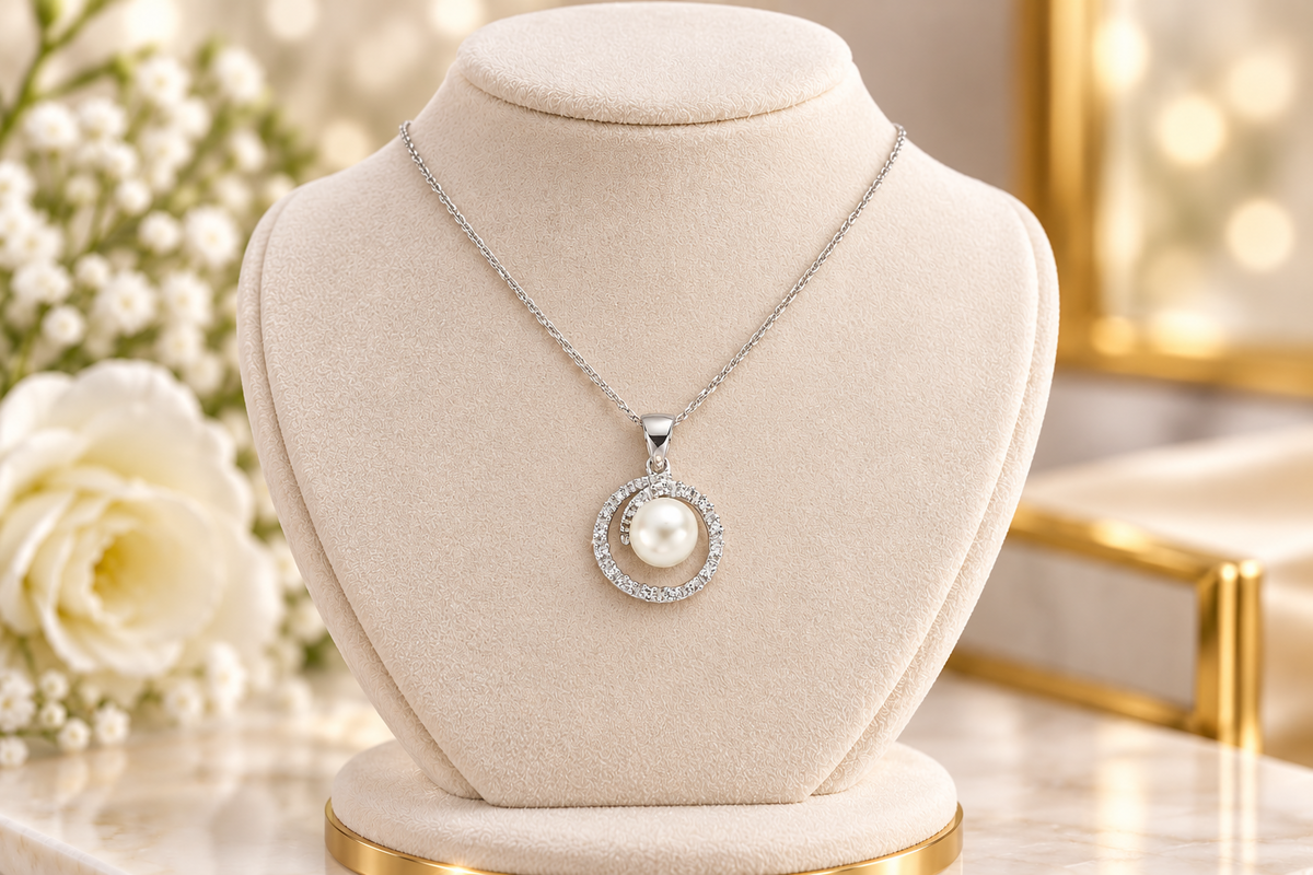 Freshwater Pearl and Diamond Circle Pendant 9ct White Gold 18" Chain