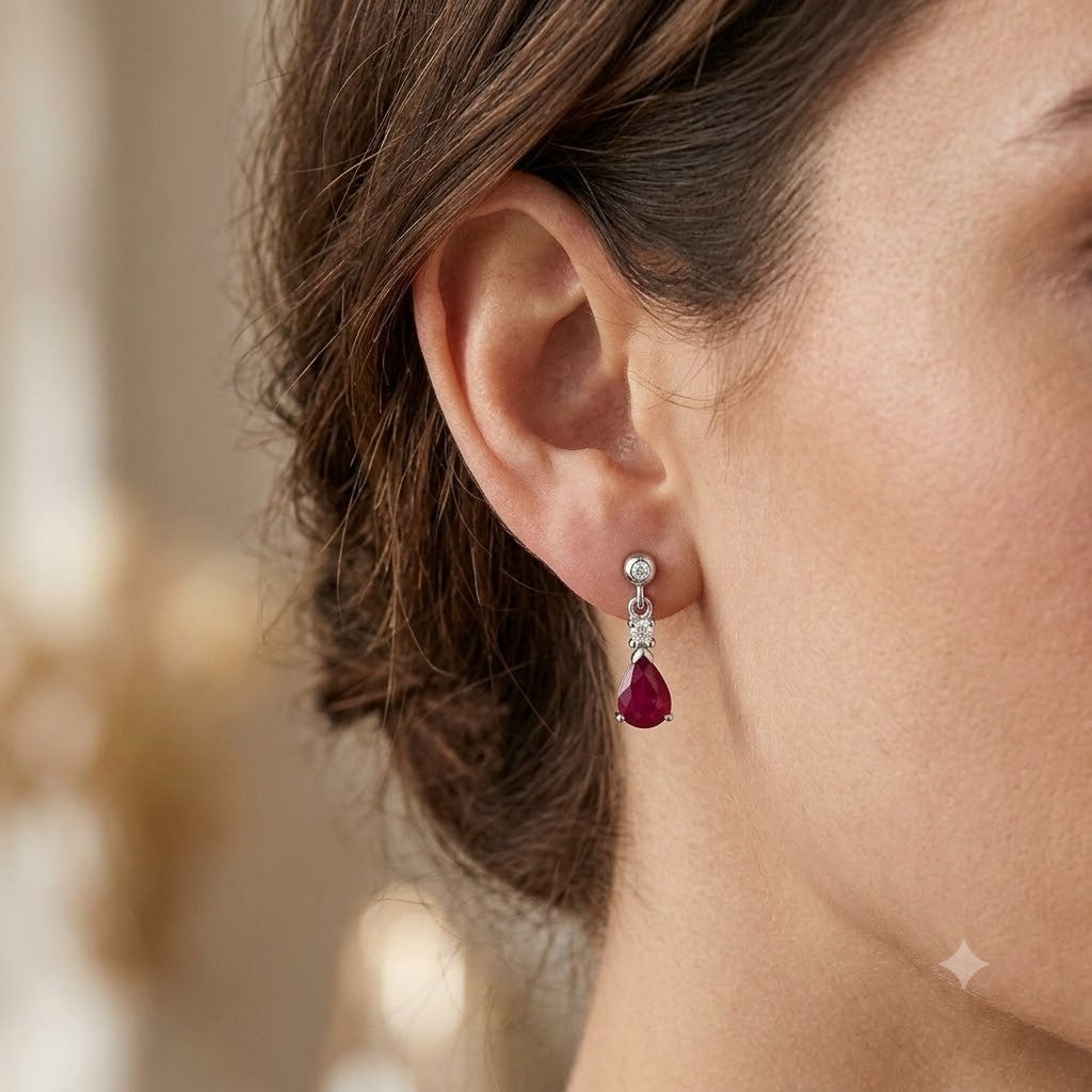 Real White Gold Ruby & Diamond Drop Earrings Pear Cut Gemstone Dangle Studs