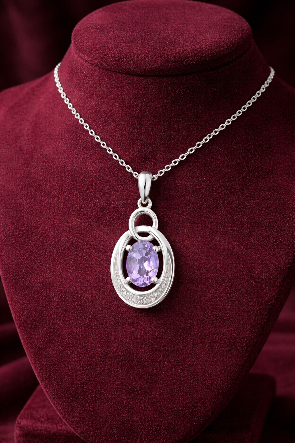 Real Amethyst Oval Pendant With Diamond Solid White Gold 18" 46cm Length Chain