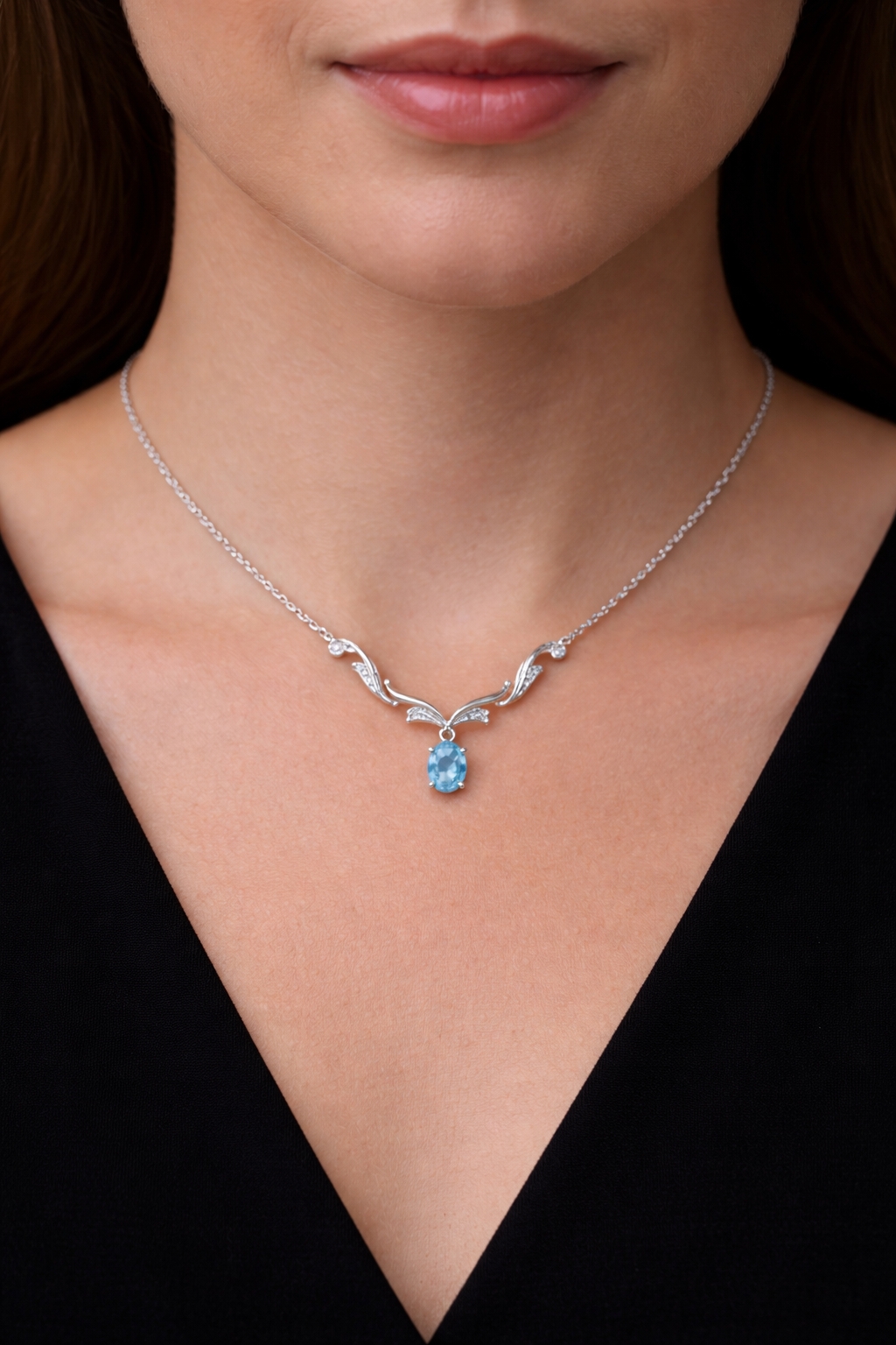 9ct White Gold Sky Blue Topaz Necklace With Diamonds 16.5" 42cm Length Chain