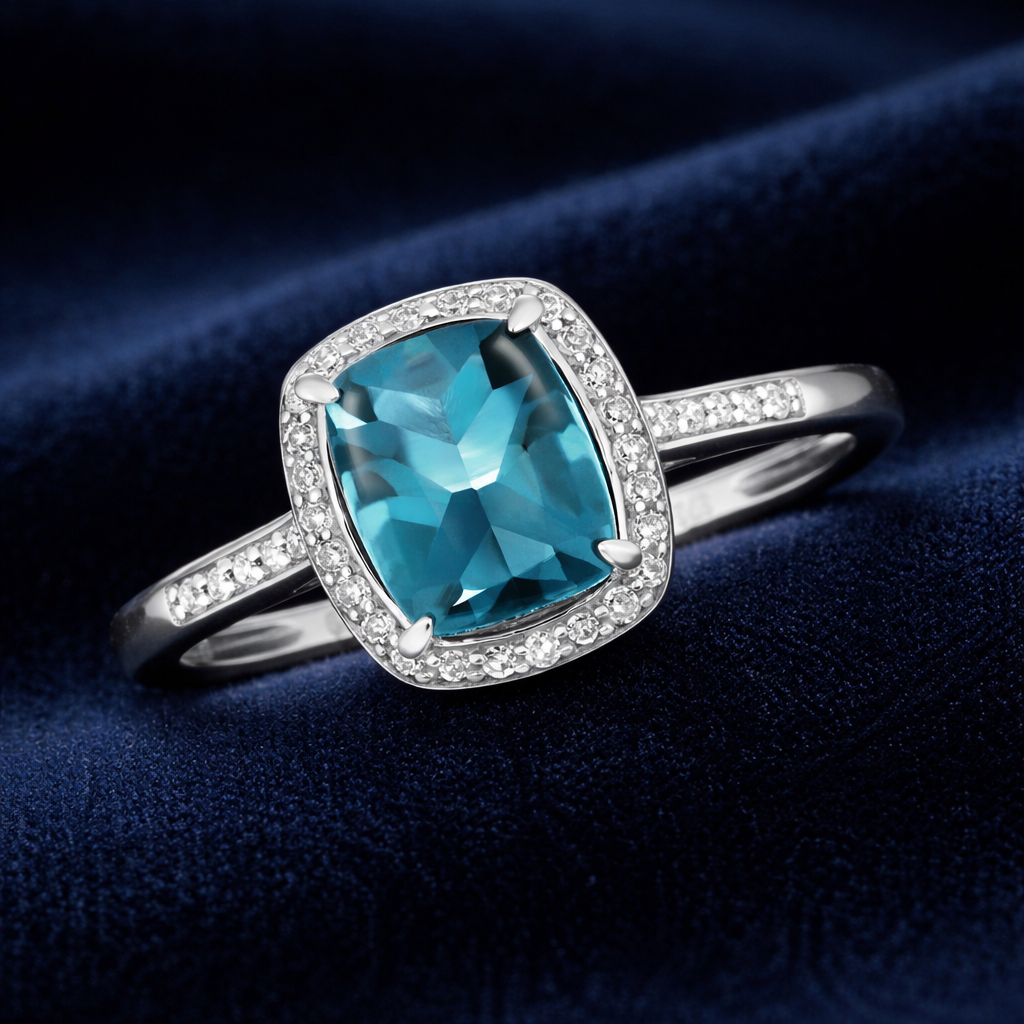 London Blue Topaz and Diamond Ring 9ct White Gold Cushion Cluster Size J - Q