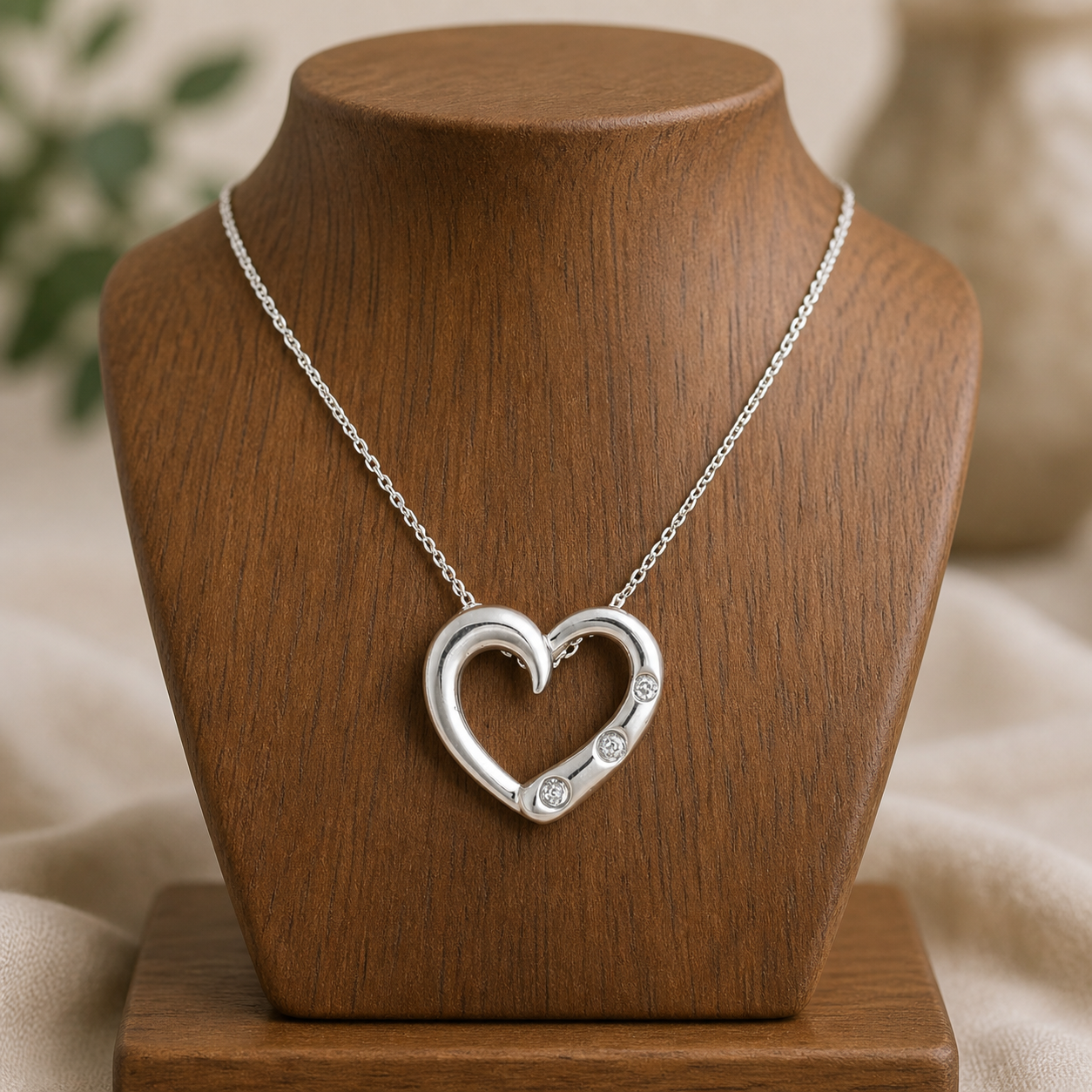 Natural Three Diamond Heart Pendant White Gold 18" Chain Hallmark British Made